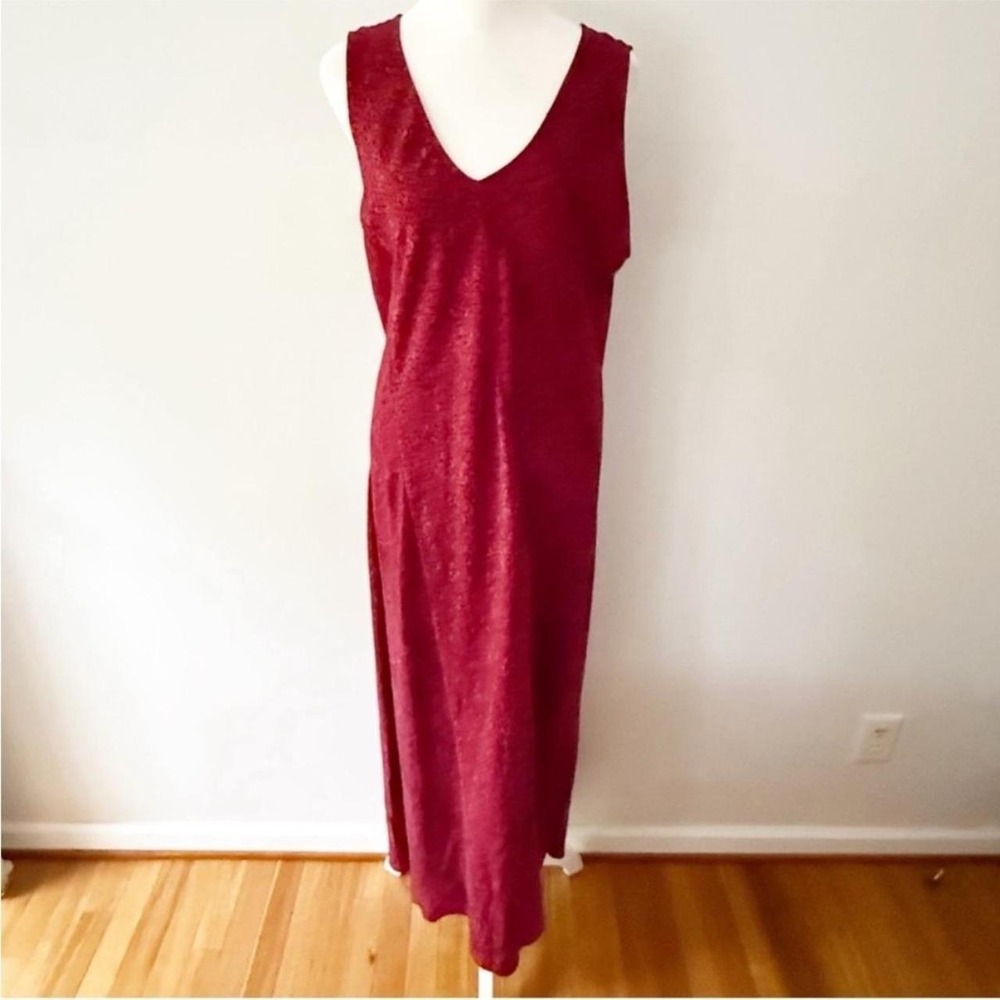 Vintage 90s Maxi Dress Women L Burgundy Damask Boho Sleeveless Romantic Chic